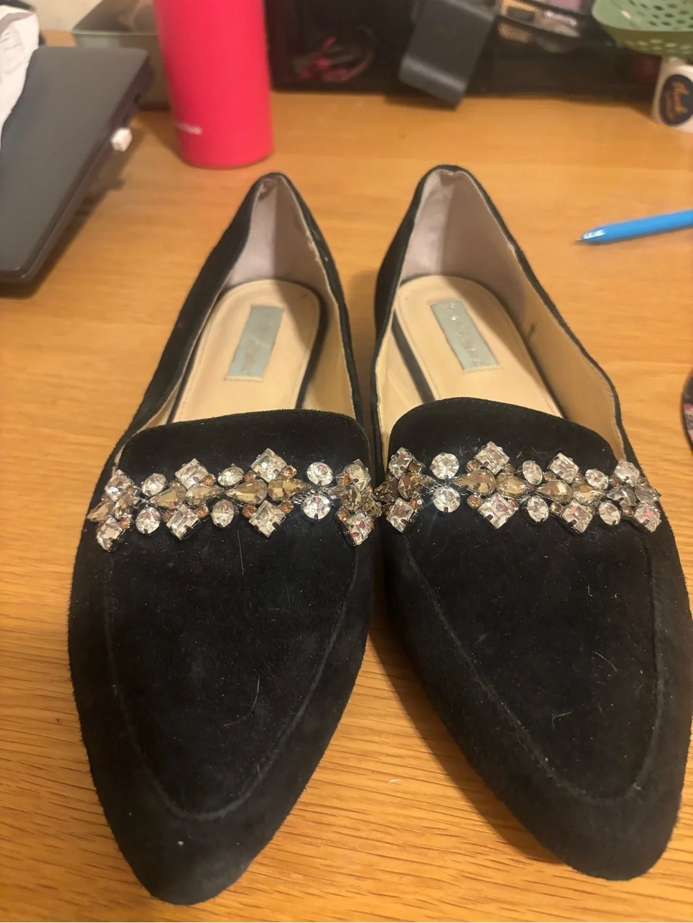 Betsey Johnson Black Pointed-Toe Flats with Crystal Embellishment